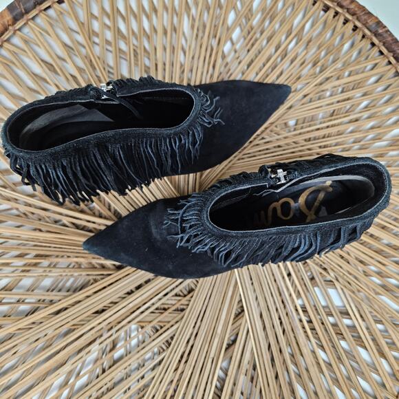Sam Edelman Kandice Suede Fringe Ankle Bootie Pumps 7.5 Black Boots Heels - Picture 2 of 11